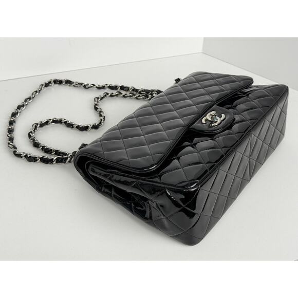 Chanel Patent Quilted Jumbo Single Flap Bag Black with Silver Hardware B-2 - Picture 8 of 16